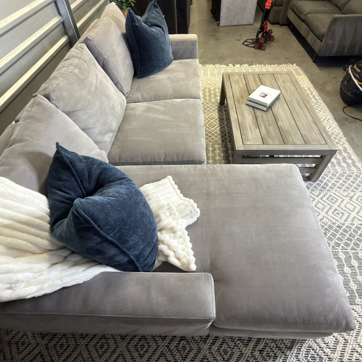 Crate & Barrel Axis Nickel chaise sectional — overall view