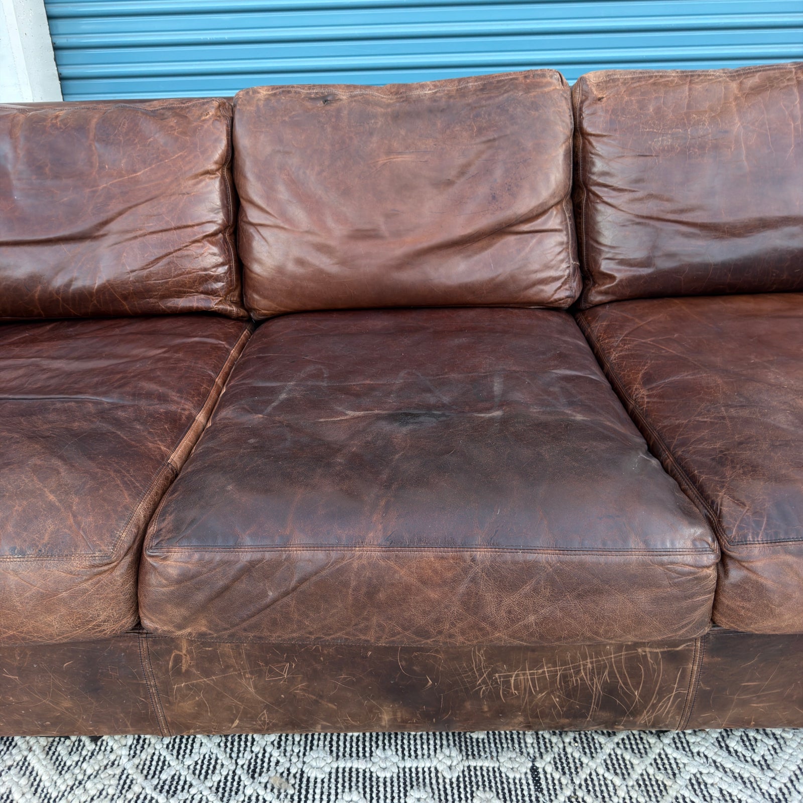 Restoration Hardware Maxwell 90” Distressed Brown Top-Grain Leather Sofa