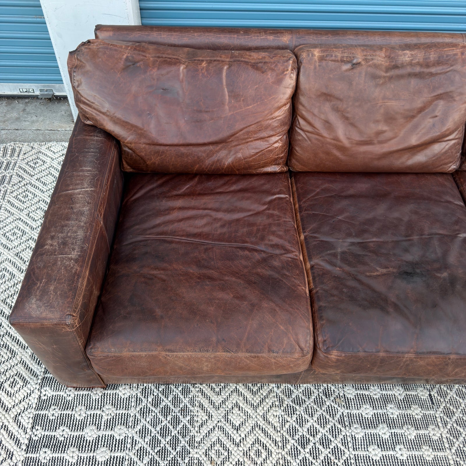 Restoration Hardware Maxwell 90” Distressed Brown Top-Grain Leather Sofa