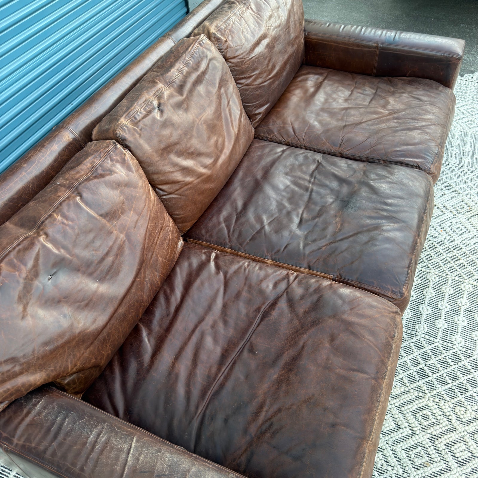 Restoration Hardware Maxwell 90” Distressed Brown Top-Grain Leather Sofa