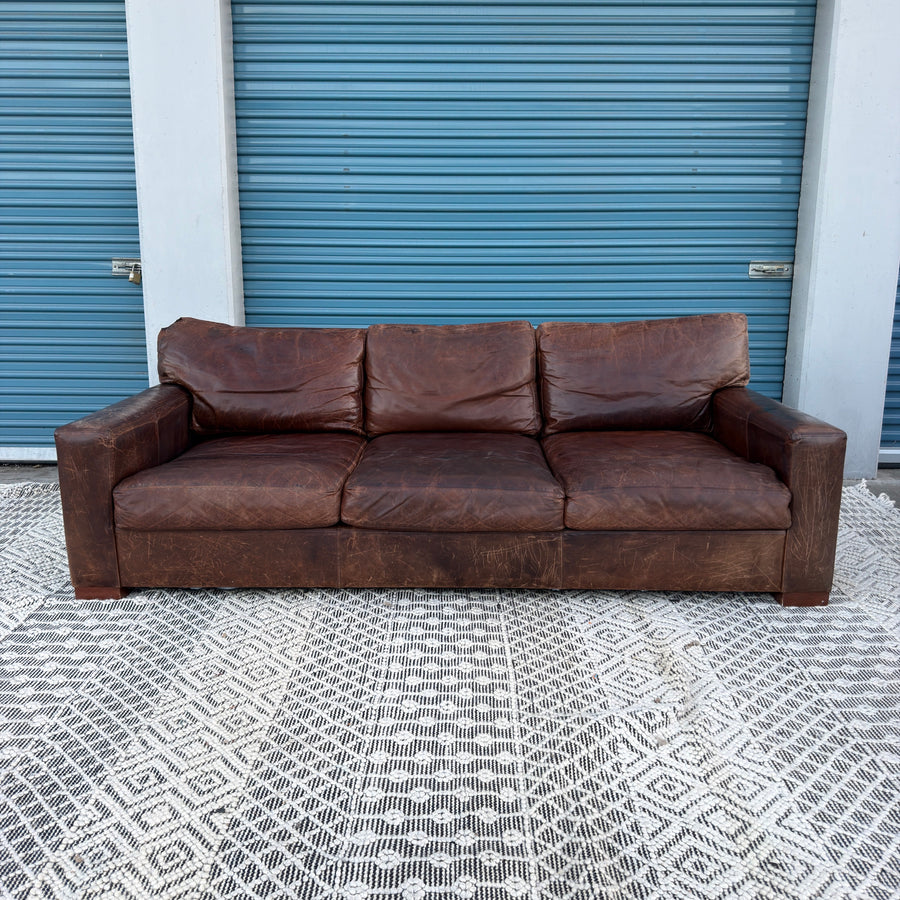 Restoration Hardware Maxwell 90” Distressed Brown Top-Grain Leather Sofa