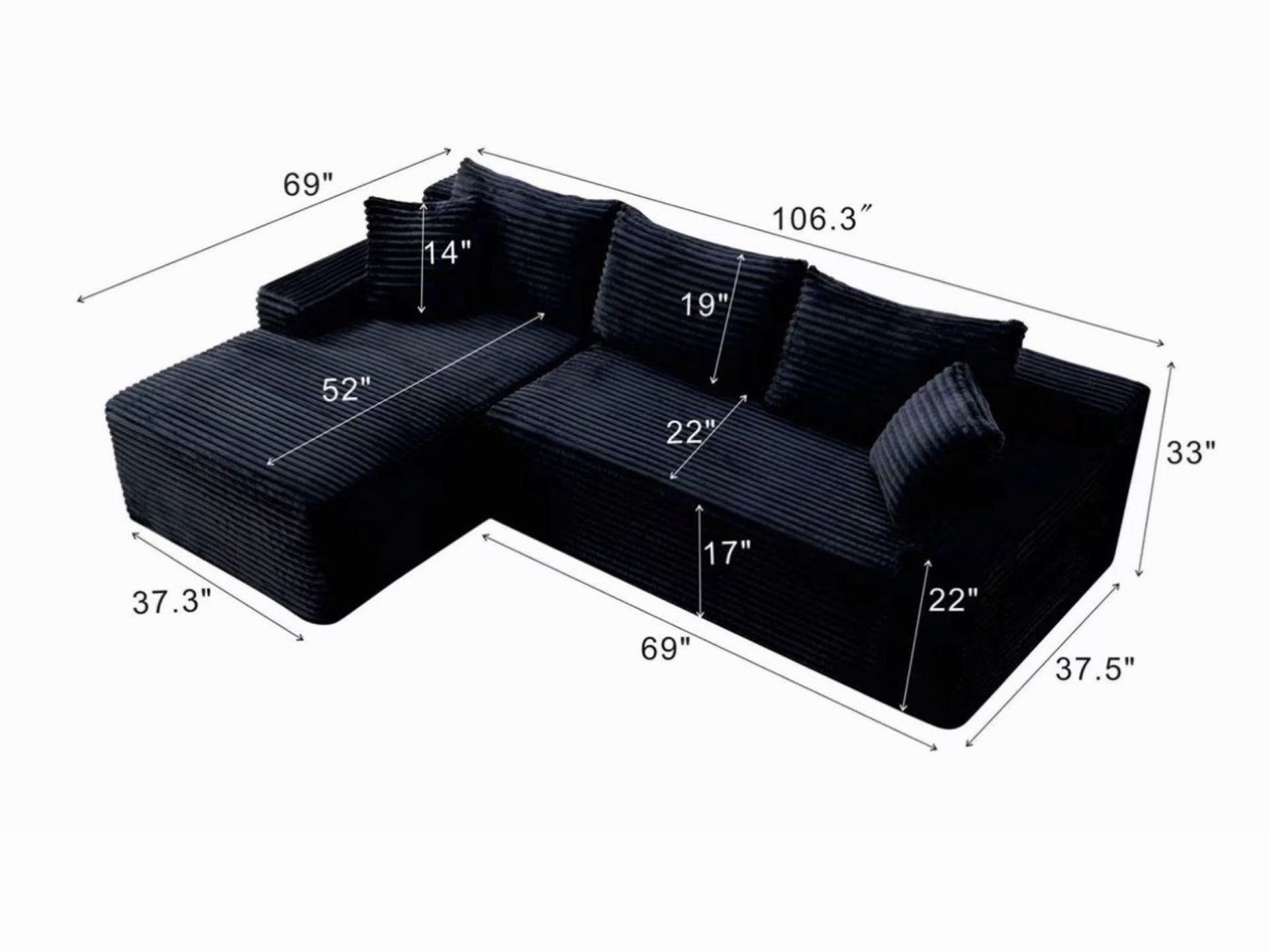 Black corduroy sectional dimensions - 106.3 in wide, 69 in chaise depth, 33 in high