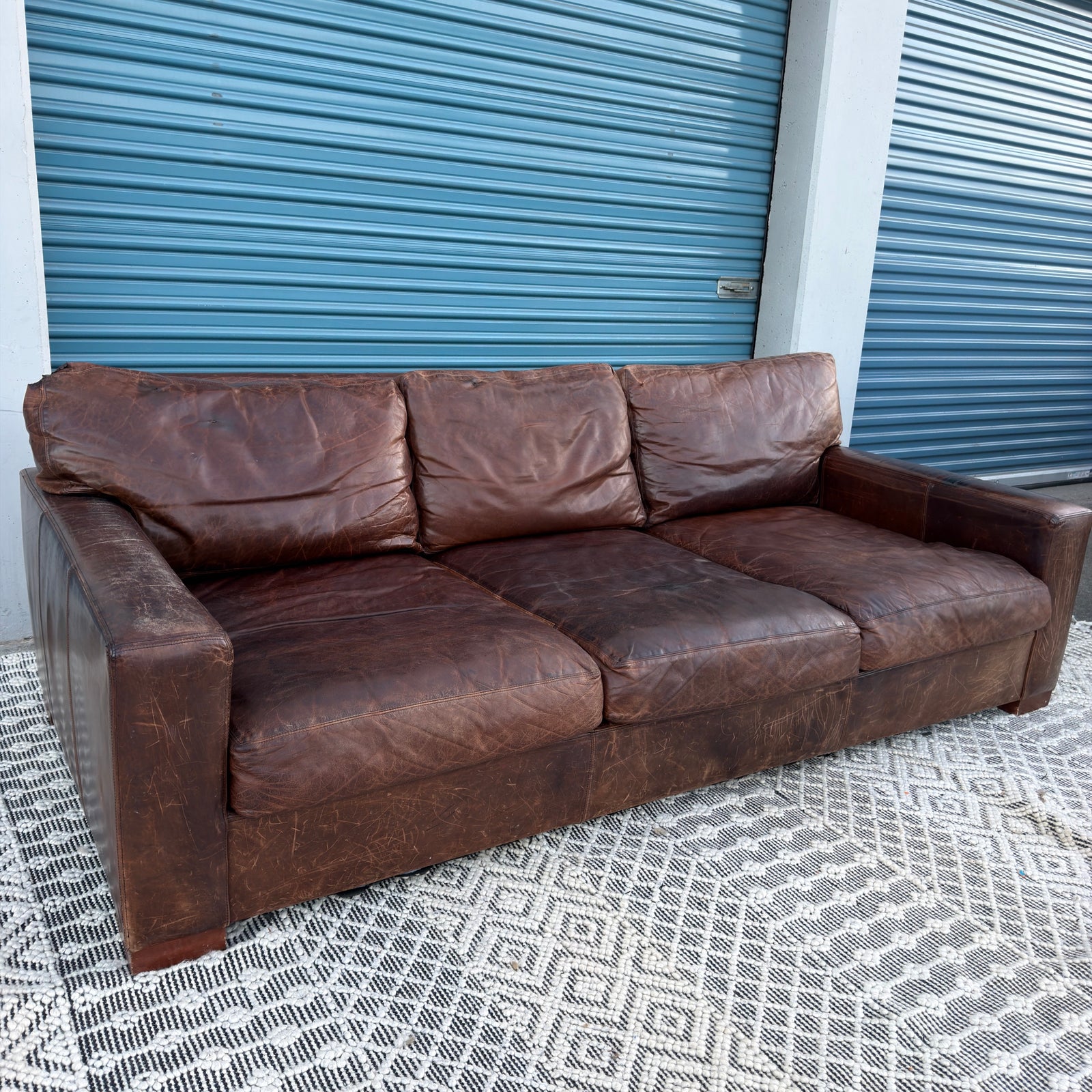 Restoration Hardware Maxwell 90” Distressed Brown Top-Grain Leather Sofa