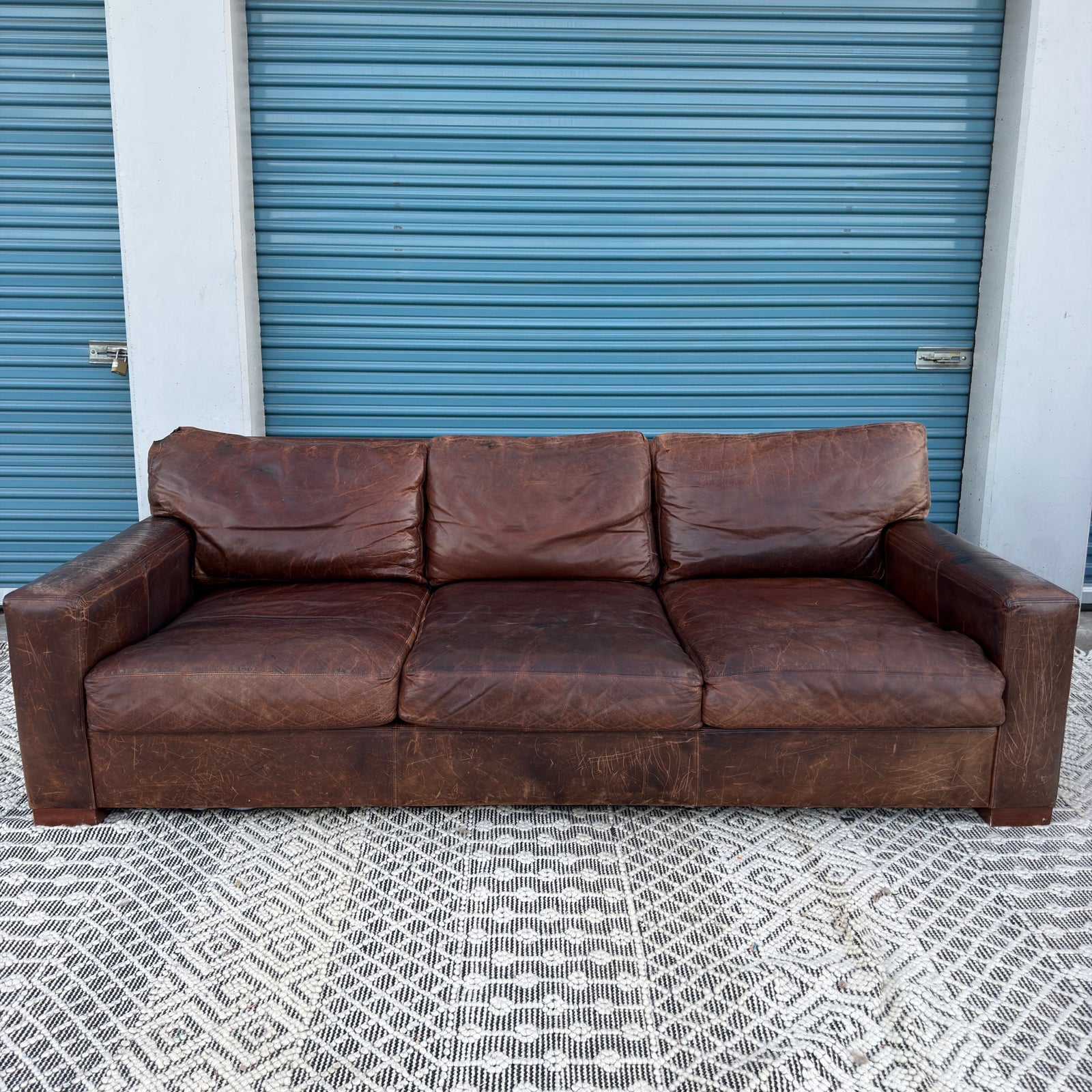 Restoration Hardware Maxwell 90” Distressed Brown Top-Grain Leather Sofa
