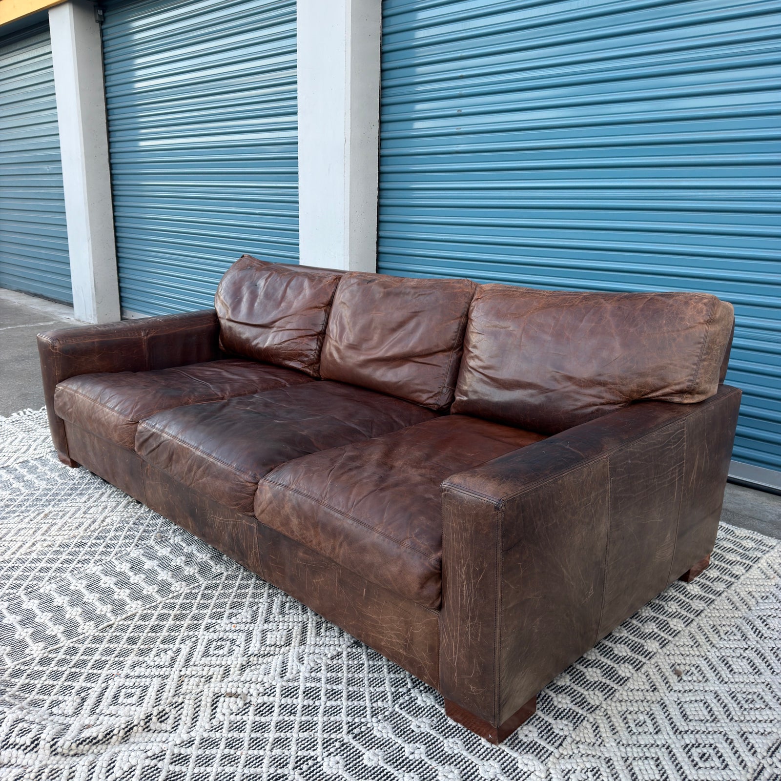 Restoration Hardware Maxwell 90” Distressed Brown Top-Grain Leather Sofa
