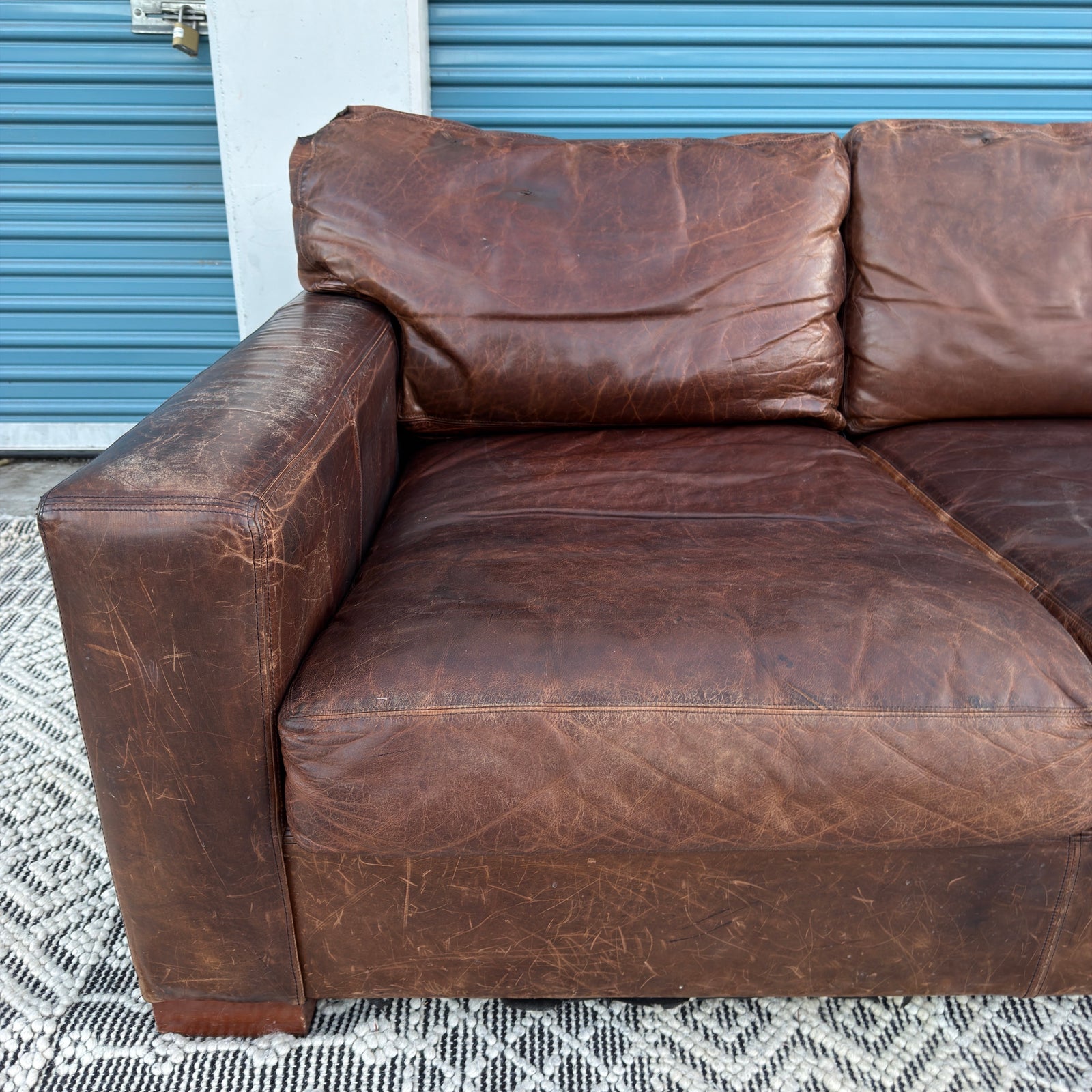 Restoration Hardware Maxwell 90” Distressed Brown Top-Grain Leather Sofa
