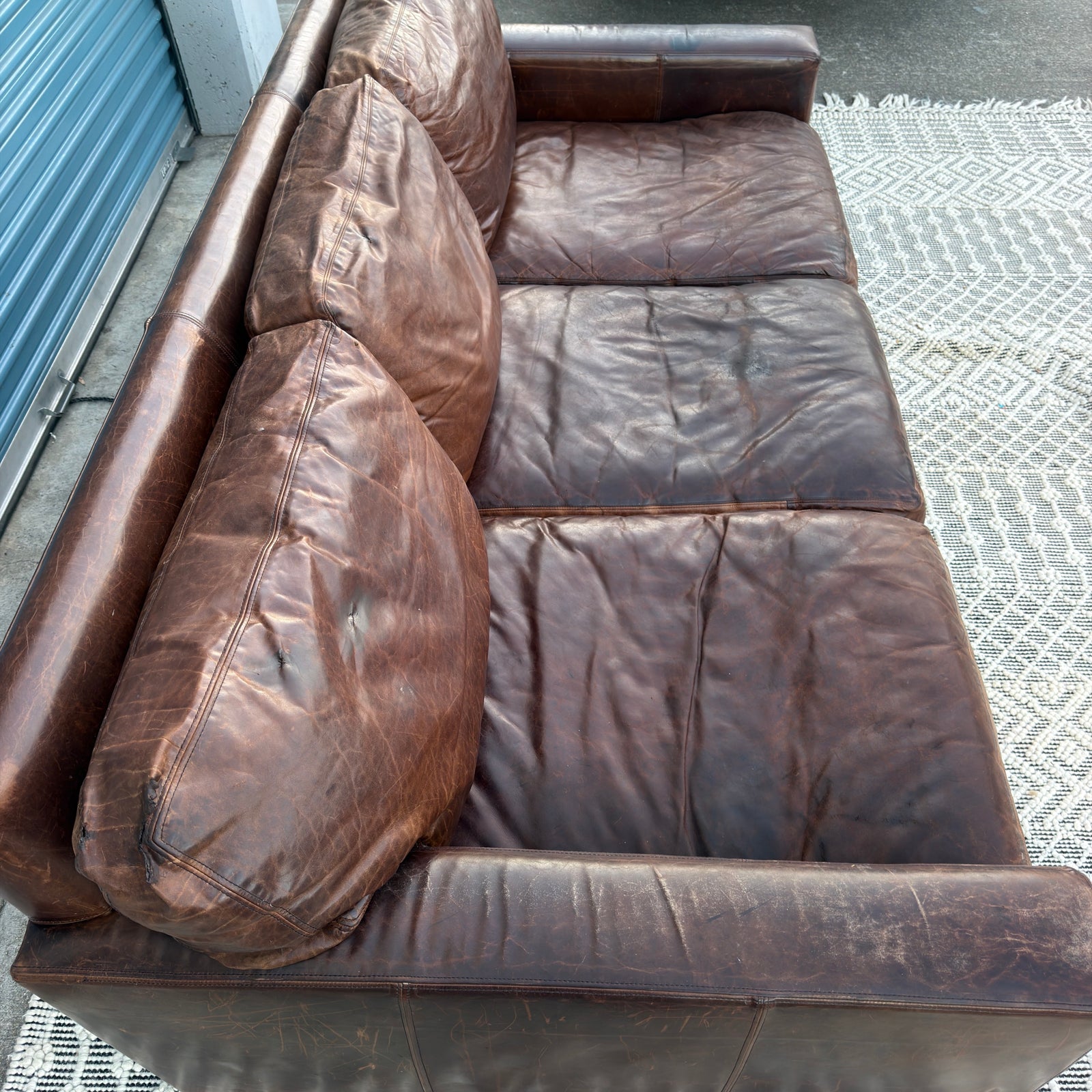 Restoration Hardware Maxwell 90” Distressed Brown Top-Grain Leather Sofa