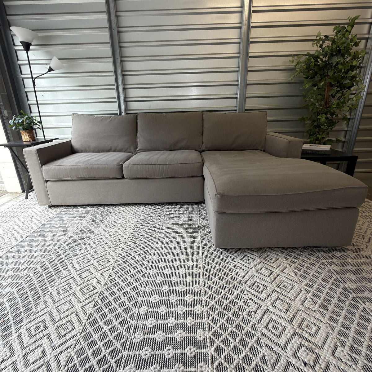 Room & Board Metro 112-inch gray sofa with right-arm chaise - straight-on front view