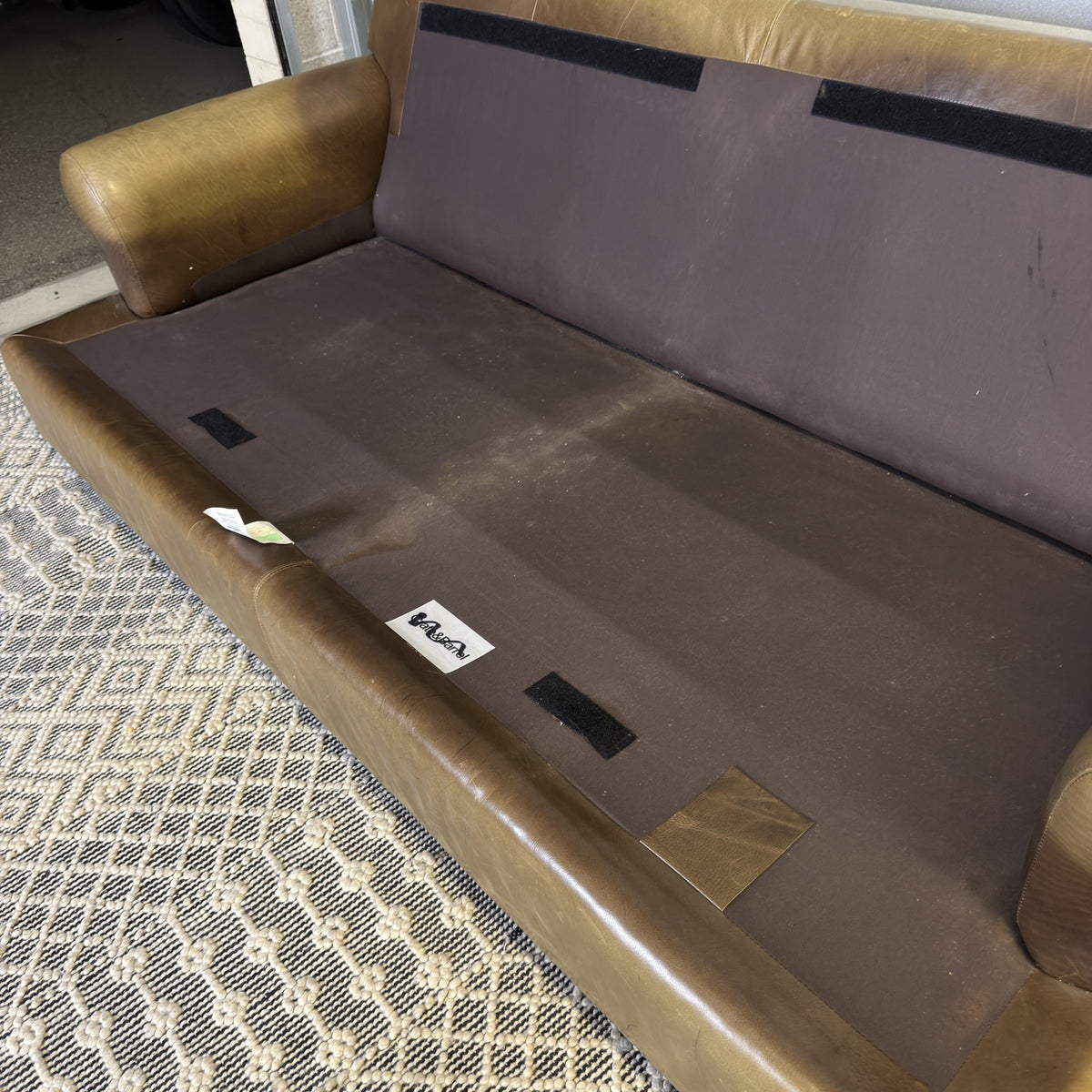 Crate & Barrel tan leather sofa — actual item IMG_8536.JPG