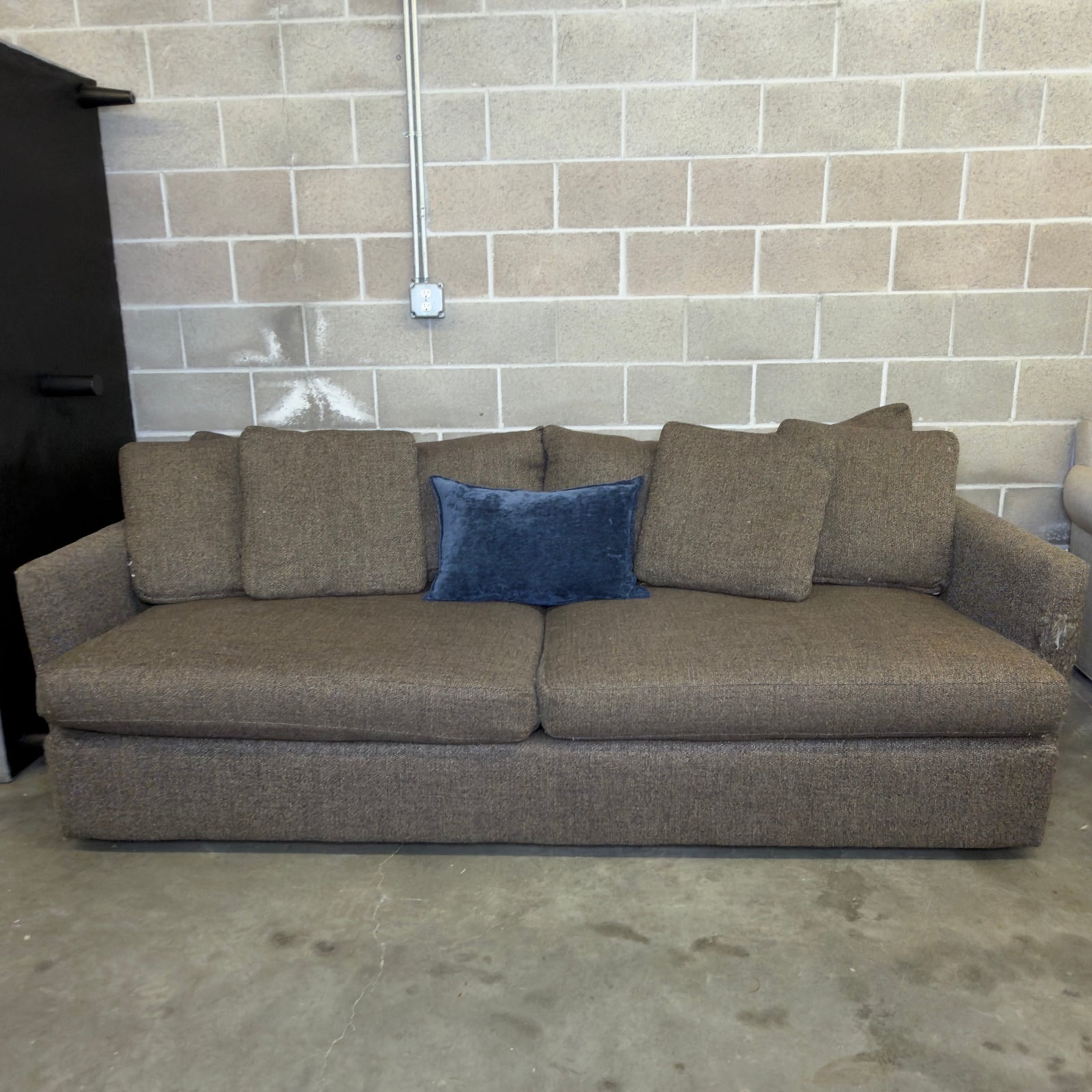 Brown Crate & Barrel tweed sofa, front view