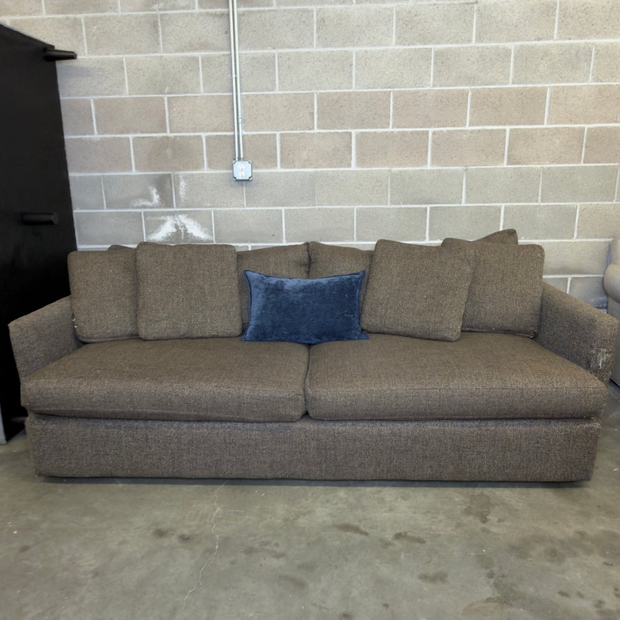 Brown Crate & Barrel tweed sofa, front view