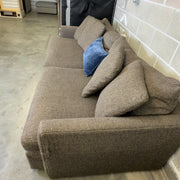 Brown Crate & Barrel tweed sofa, side angle view