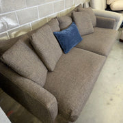 Brown Crate & Barrel tweed sofa, three-quarter angle view