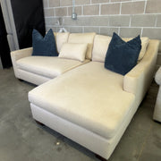 Oatmeal Pottery Barn York chaise loveseat, front angle view