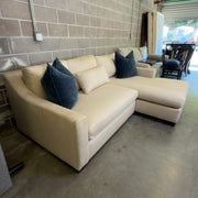 Oatmeal Pottery Barn York chaise loveseat, wide side angle in warehouse