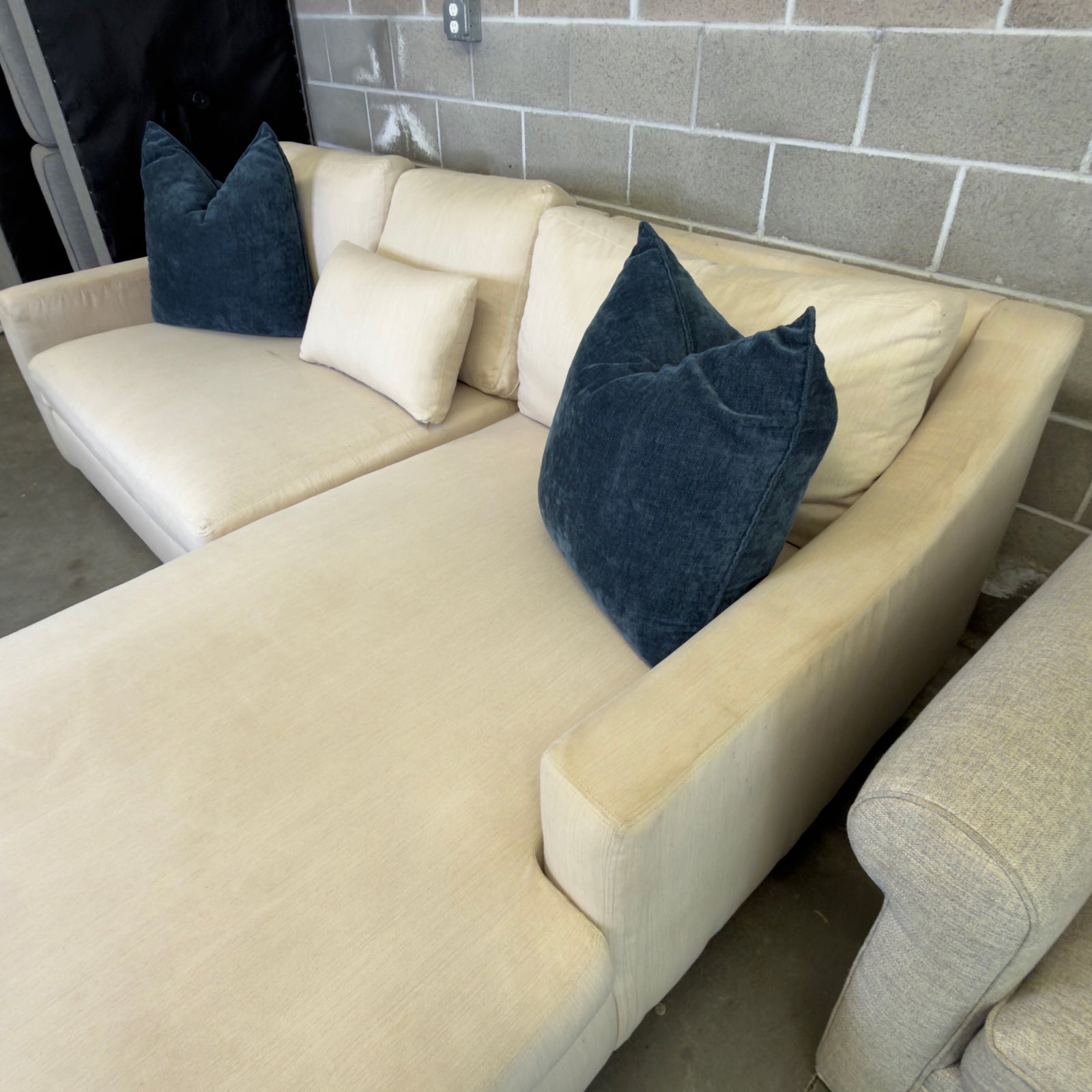 Oatmeal Pottery Barn York chaise loveseat, rear corner view