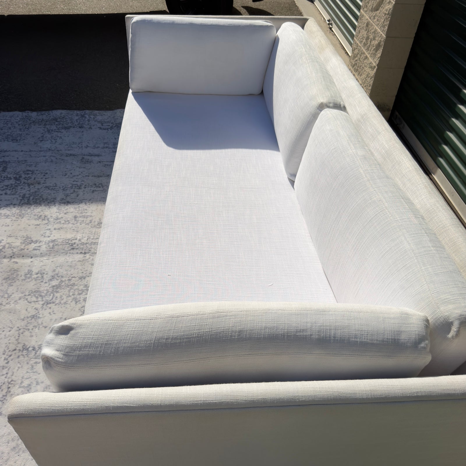 Cream Restoration Hardware sofa - fabric close-up