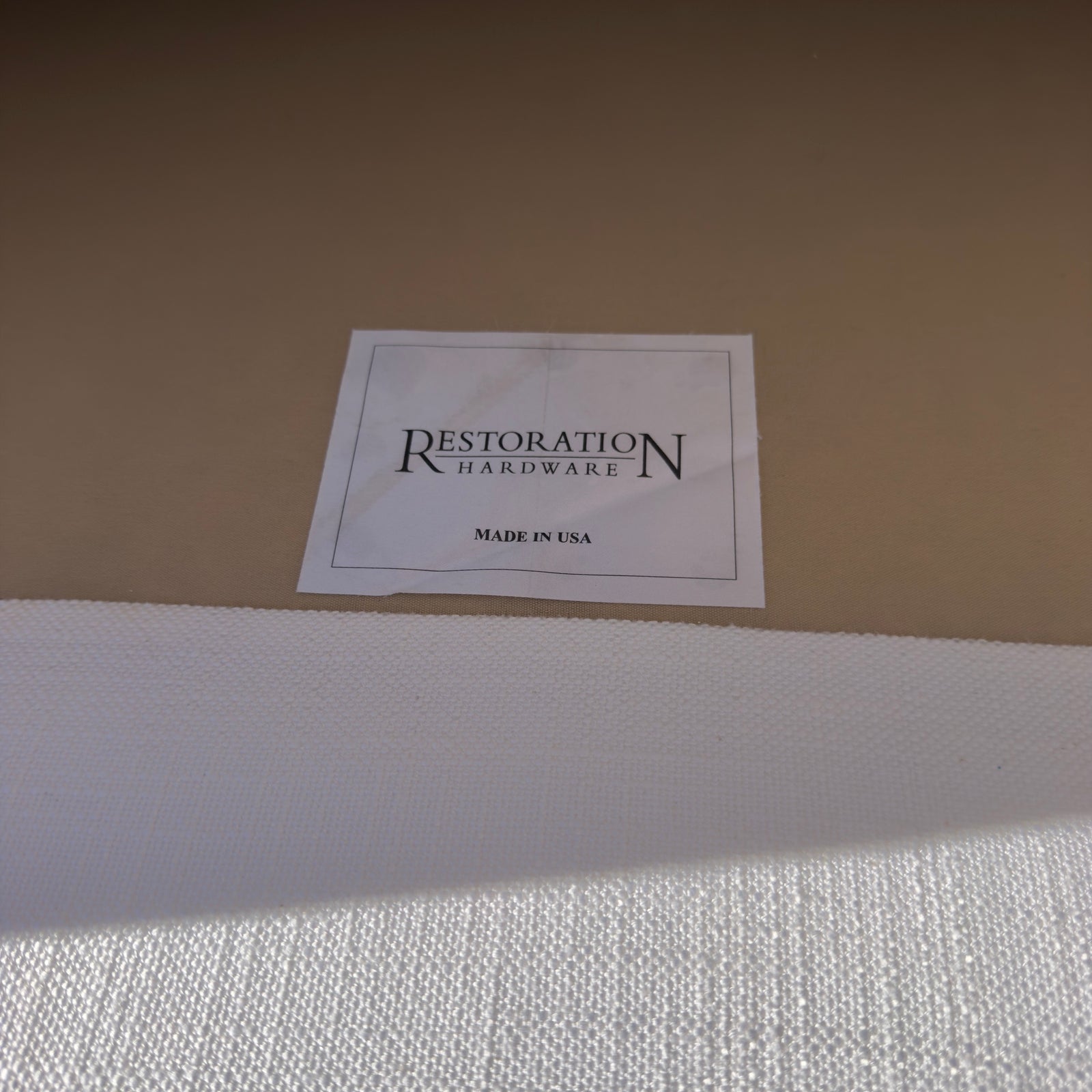 Cream Restoration Hardware sofa - fabric label