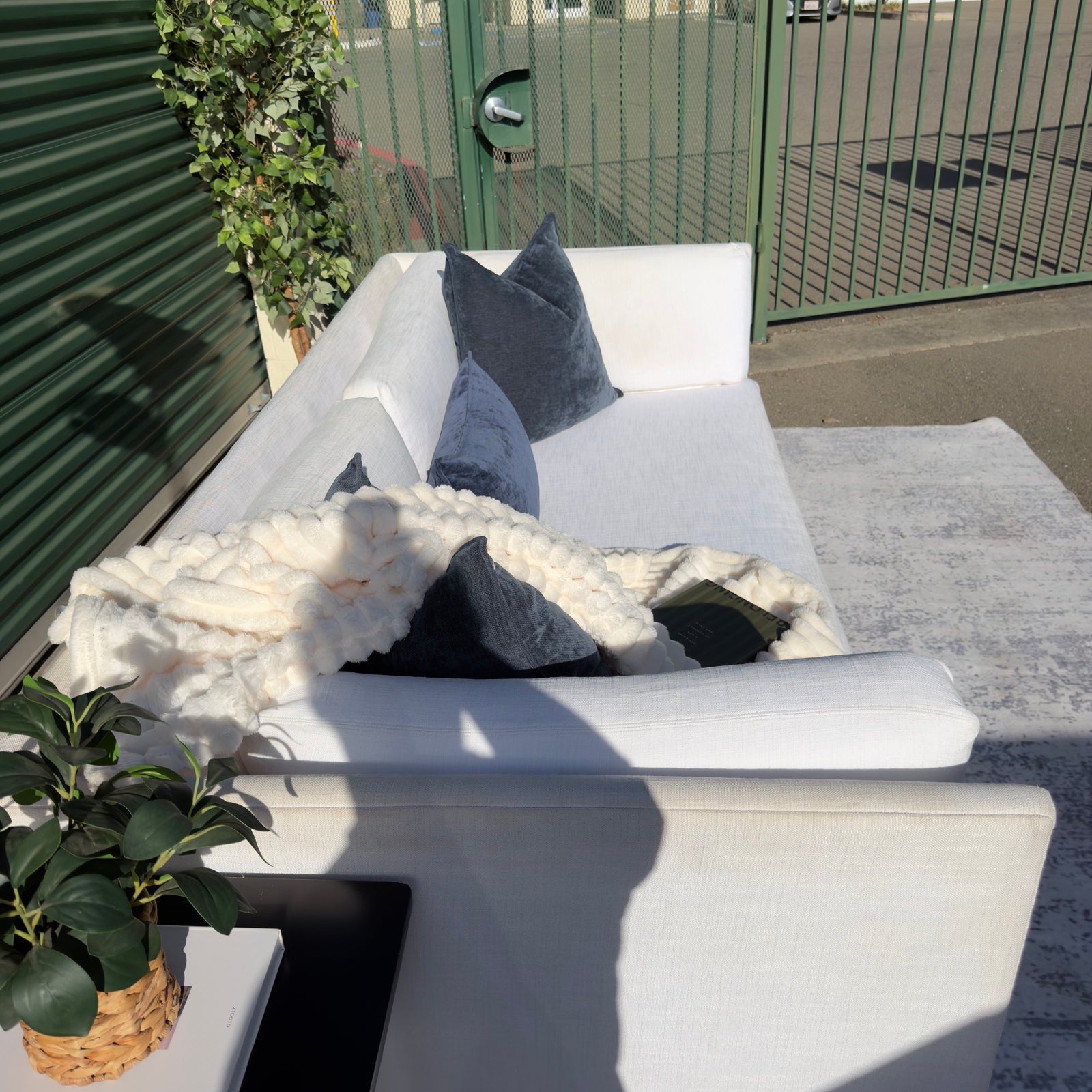 Cream Restoration Hardware sofa - detail view