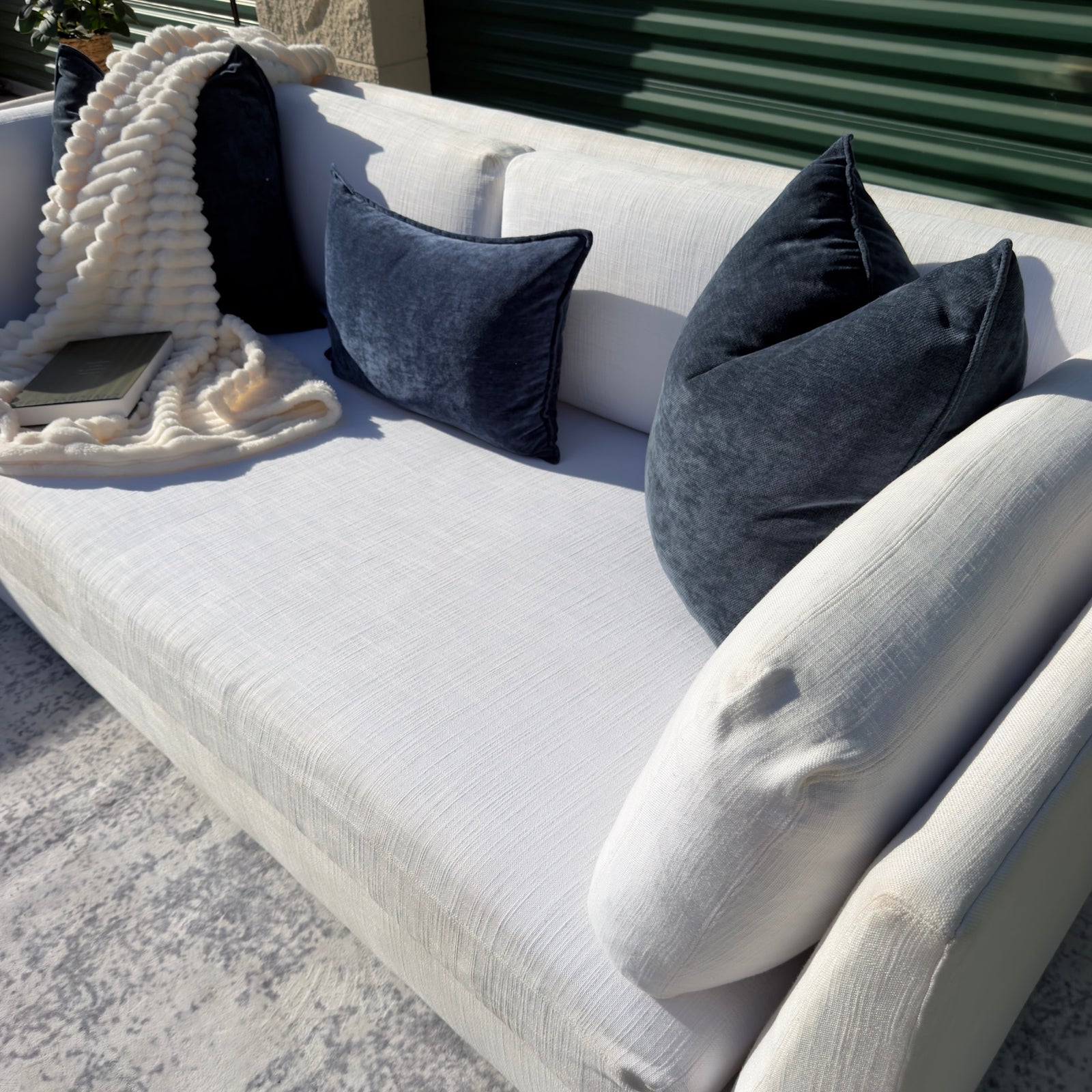 Cream Restoration Hardware sofa - detail view