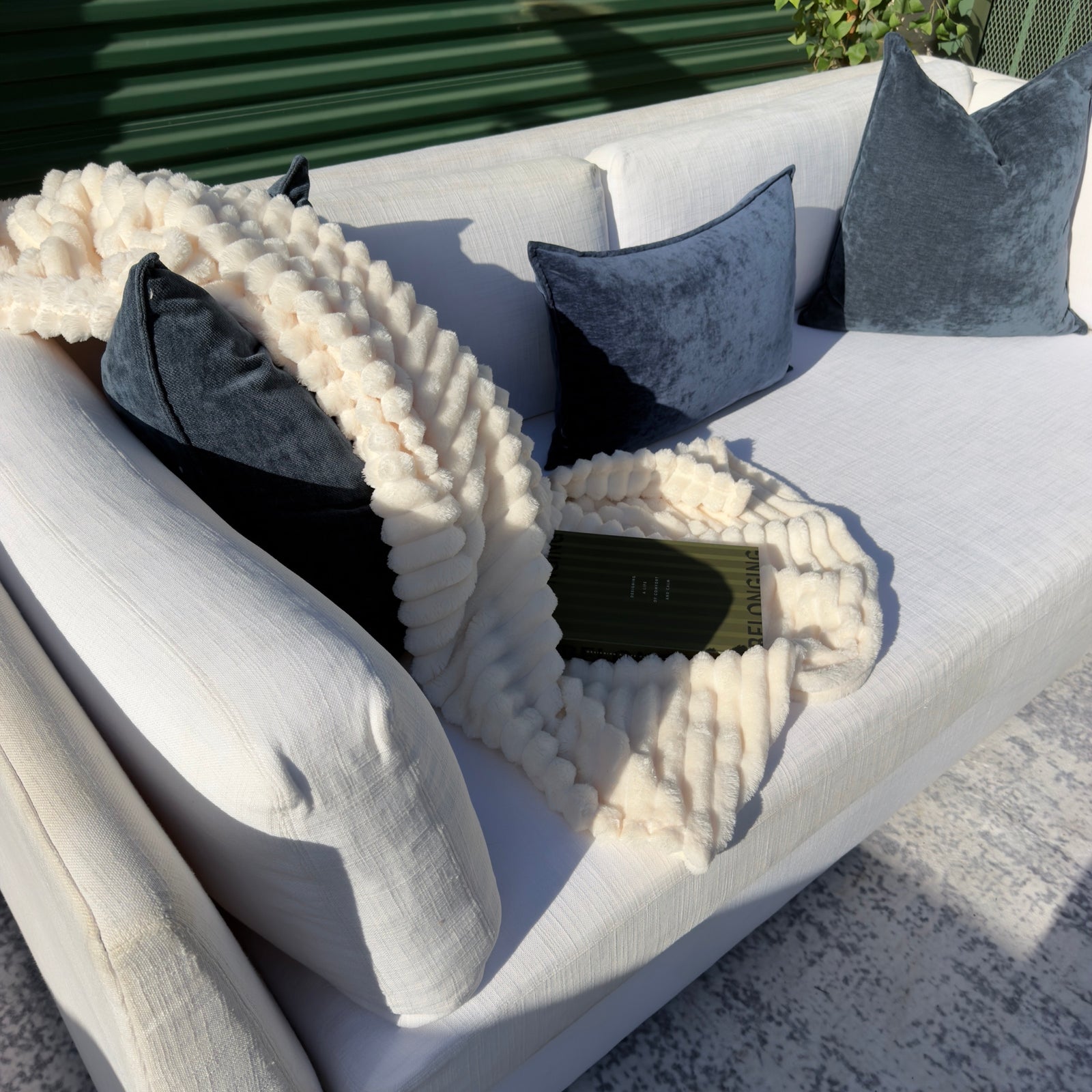 Cream Restoration Hardware sofa - detail view