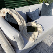 Cream Restoration Hardware sofa - detail view