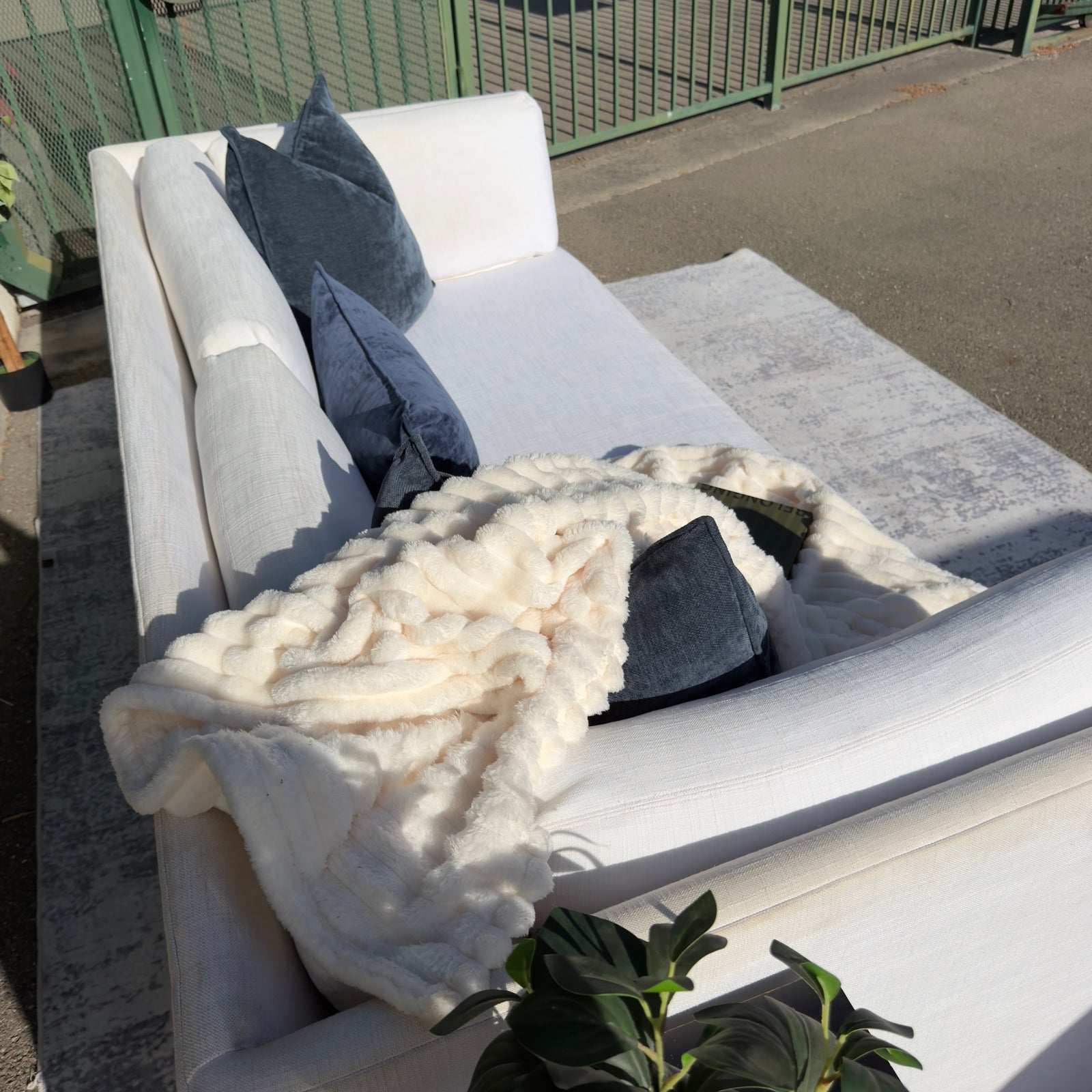 Cream Restoration Hardware sofa - detail view