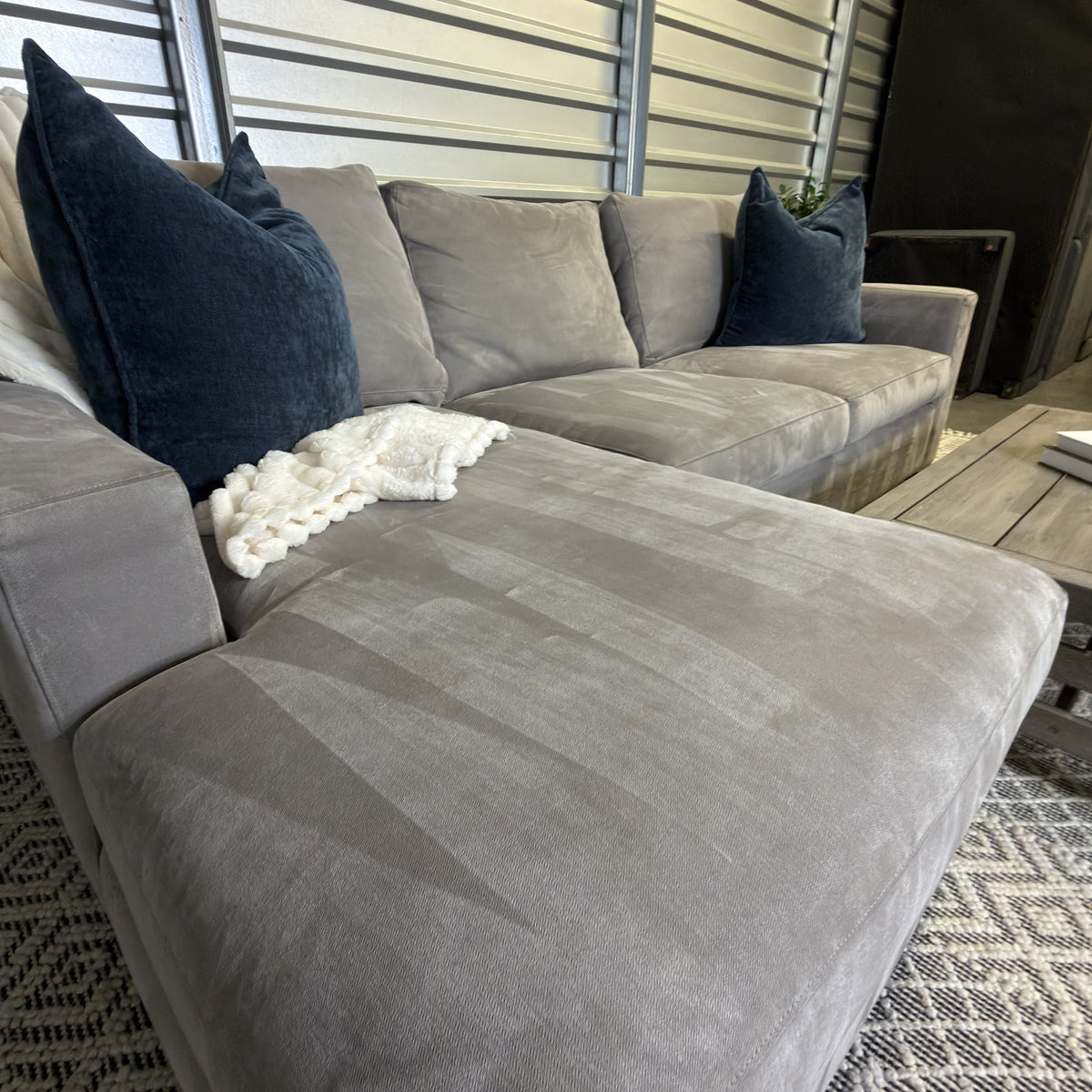 Crate & Barrel Axis Nickel chaise sectional — chaise detail
